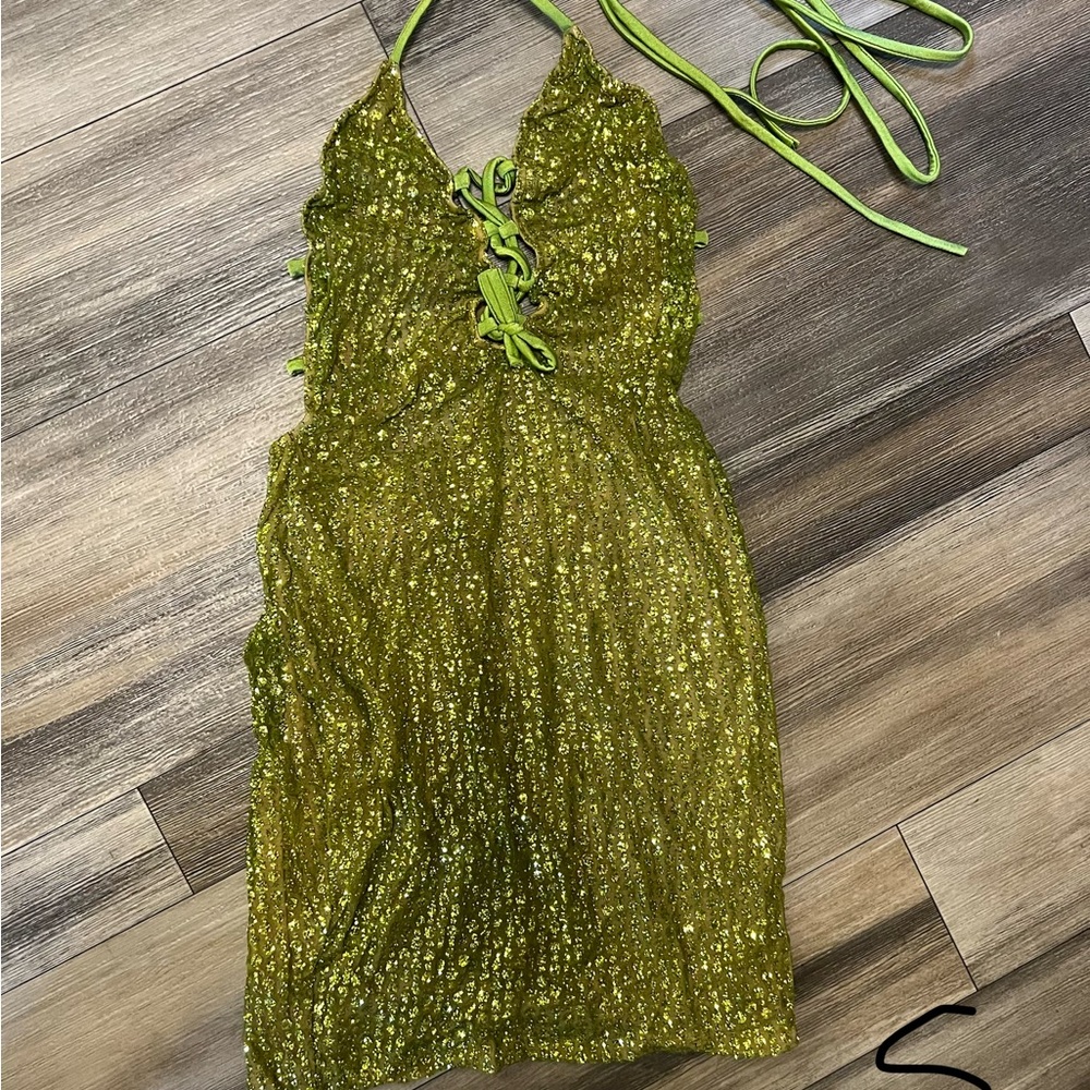Green Sequin Halter Mini Dress